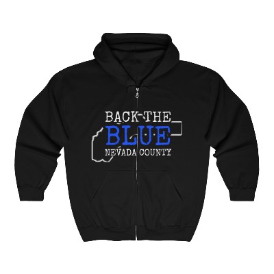 Unisex Heavy Blend™ Full Zip Hooded Sweatshirt with BTBNC Logo on Front and Website + God Bless Law Enforcement and Blue Line Flag on Back Side