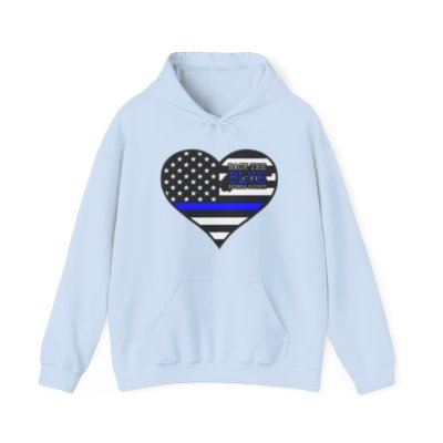 Heavy Blend™ Hooded Sweatshirt with BTBNC Blue Line Heart Logo on Front and Website + God Bless Law Enforcement on Back Side