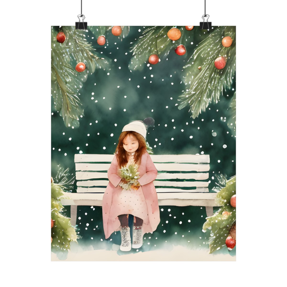 Premium Poster (Matte): Story Book Christmas Girl Sad and Sitting on Bench product main image