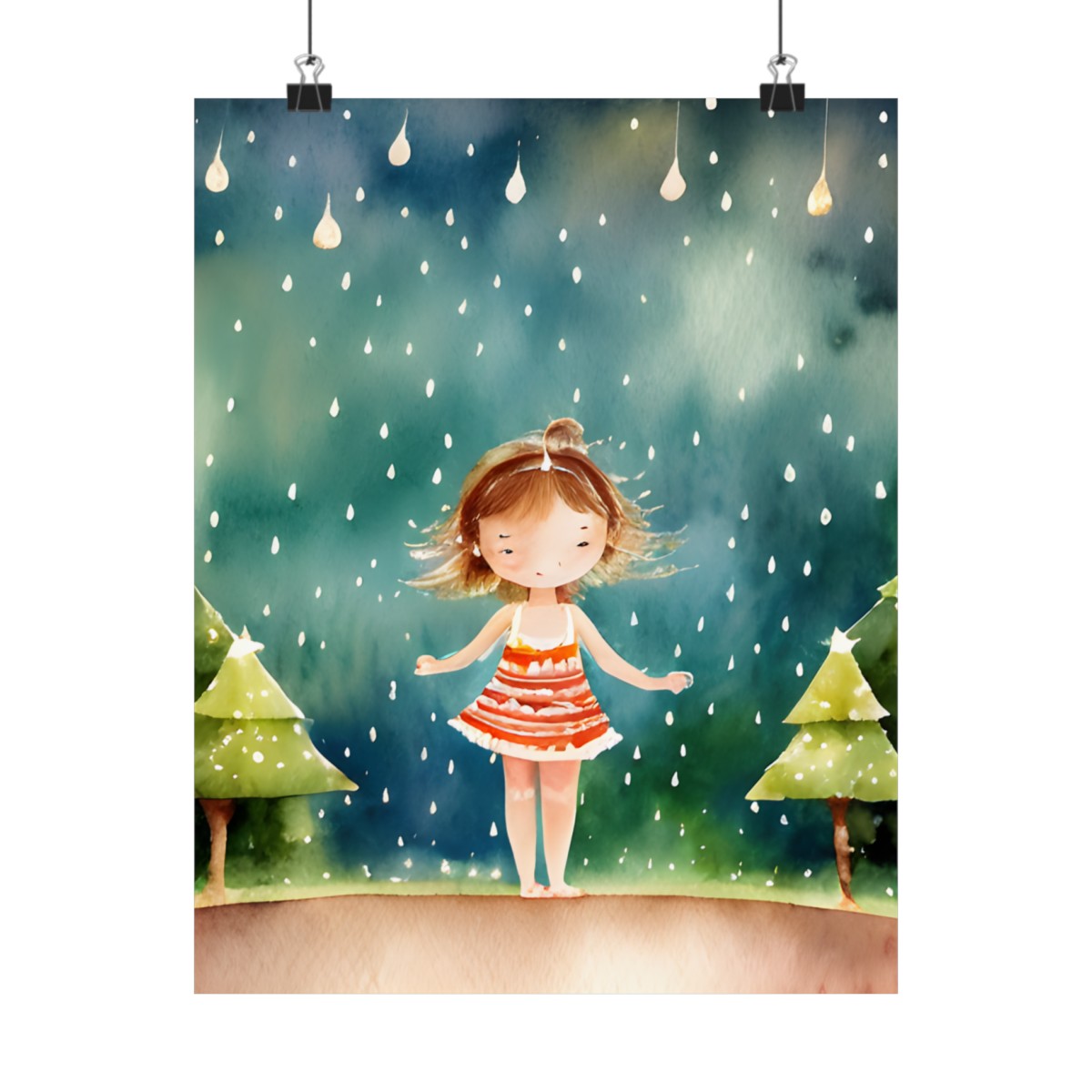 Premium Poster (Matte): Story Book Christmas Girl Playing in The Rain product main image