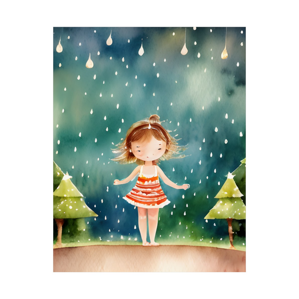 Premium Poster (Matte): Story Book Christmas Girl Playing in The Rain product thumbnail image