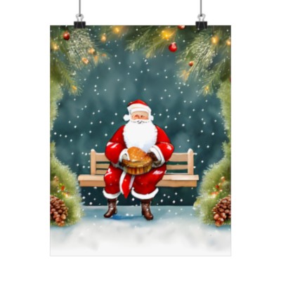 Premium Poster (Matte): Story Book Christmas Bench Santa Holding Turkey