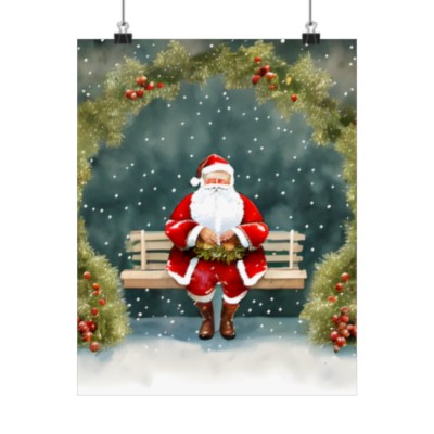 Premium Poster (Matte): Story Book Christmas Santa Bench Holding Wreath