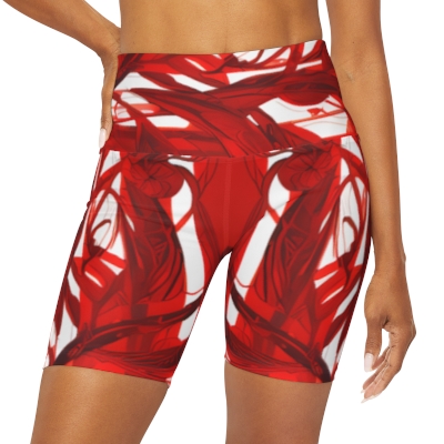 Chaos Walking: High Waisted Yoga Shorts in Abstract Red & White