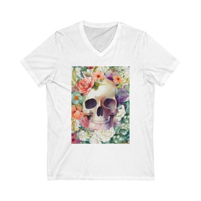 Goth Chicks Rock It, Sai Marie Skull and Flowers Unisex Jersey Short Sleeve V-Neck Tee