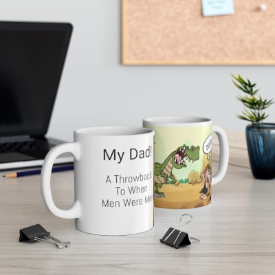 Dad Mug, Caveman Fights Dinosaur, When Men Were Men, Dad Is A Hero, Perfect Father's Day Gift, Cartoon Ceramic Mug 11oz