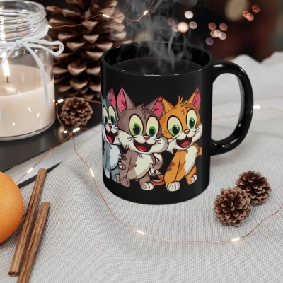 I Love Cats, Cute Funny Cats Coffee Mug, Pet Owners Gift, Adorable Cartoon Cats, 11oz Black Coffee Mug