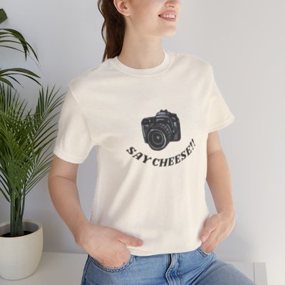 "Unisex Camera T-Shirt, Say Cheese Design, Photography Tee, Vintage Style, Gift for Photographers, Graphic Tee, Retro Camera Shirt"