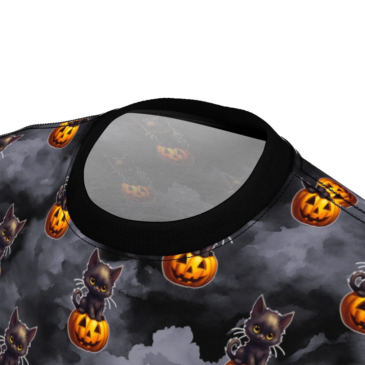 Black Kitten on a Jack-o-lantern Halloween Pumpkin Unisex Cut & Sew Tee product thumbnail image