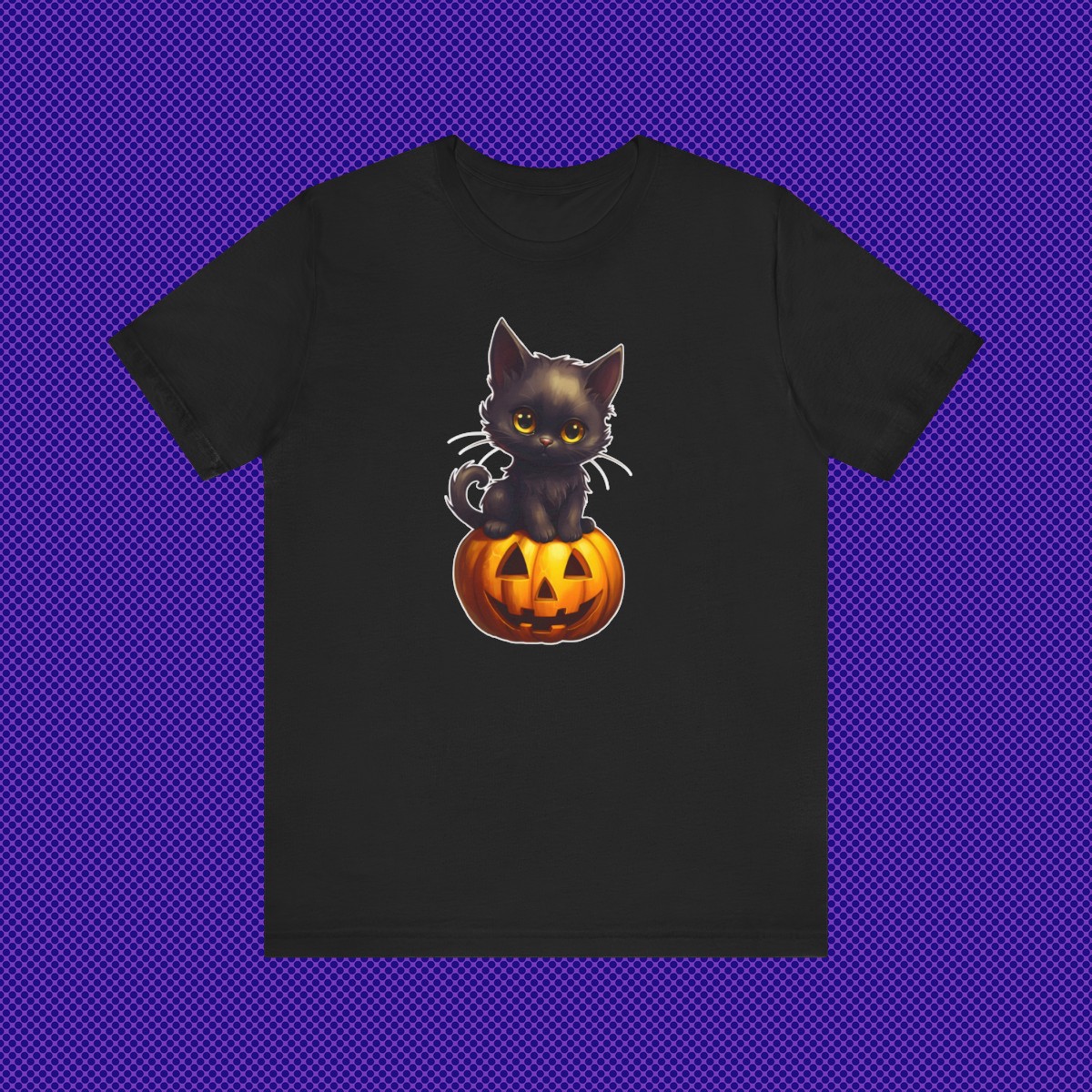 Black Kitten Cat Sitting on a Jack-o-lantern Halloween Pumpkin Unisex Jersey Short Sleeve Tee product thumbnail image