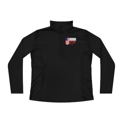 Ladies Quarter-Zip Pullover with FR1776 Logo on Front Left Corner and FR1776 Vertical Flag + Website on Back