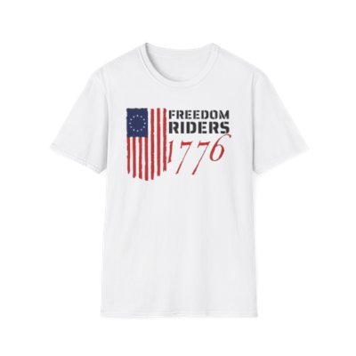 Unisex Soft-Style T-Shirt in Light Colors with FR1776 Logo on Front and Website + Vertical Flag on Back