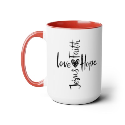 Faith Love Hope Jesus, Cross, Positively Living, Two-Tone Coffee Mugs, 15oz
