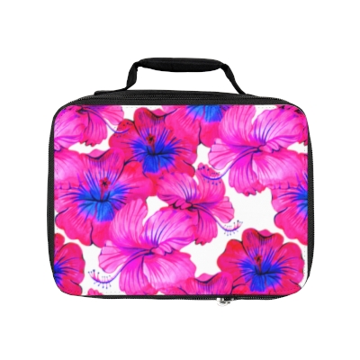 Lunch Bag/Bag For Lunch/Bright Pink/Floral Print/Watercolor/Hibiscus Flowers/Insulated Bag/Bright Pink Hibiscus Flowers Watercolor Style Print Lunch Bag