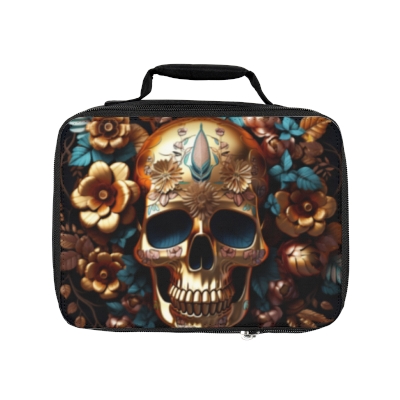 Lunch Bag/Bag For Lunch/Golden Skull/Insulated Bag/Golden Skull And Flowers Print Lunch Bag