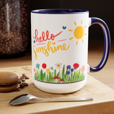 Hello Sunshine, Flowers Mushrooms, Positively Living, Two-Tone Coffee Mugs, 15oz