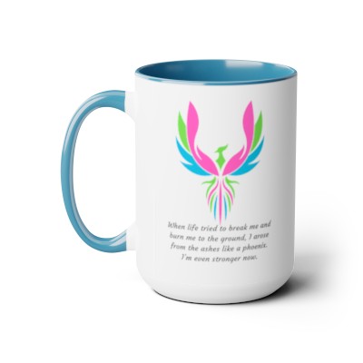 Phoenix, I’m Even Stronger Now, Metastic Breast Cancer colors pink teal green, Two-Tone Coffee Mugs, 15oz