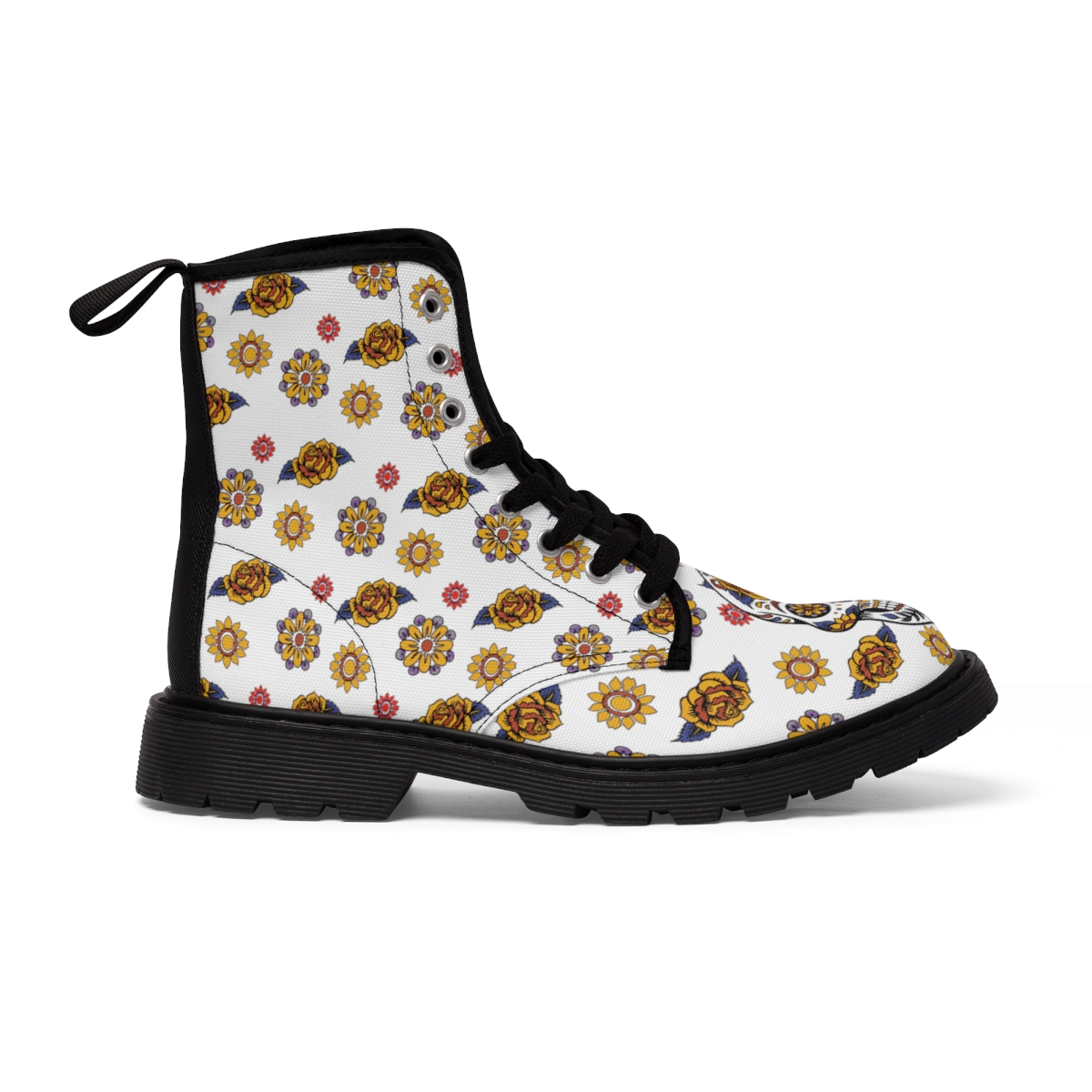 "Sugar Skull & Flowers" Women's Canvas Boots (White) product thumbnail image
