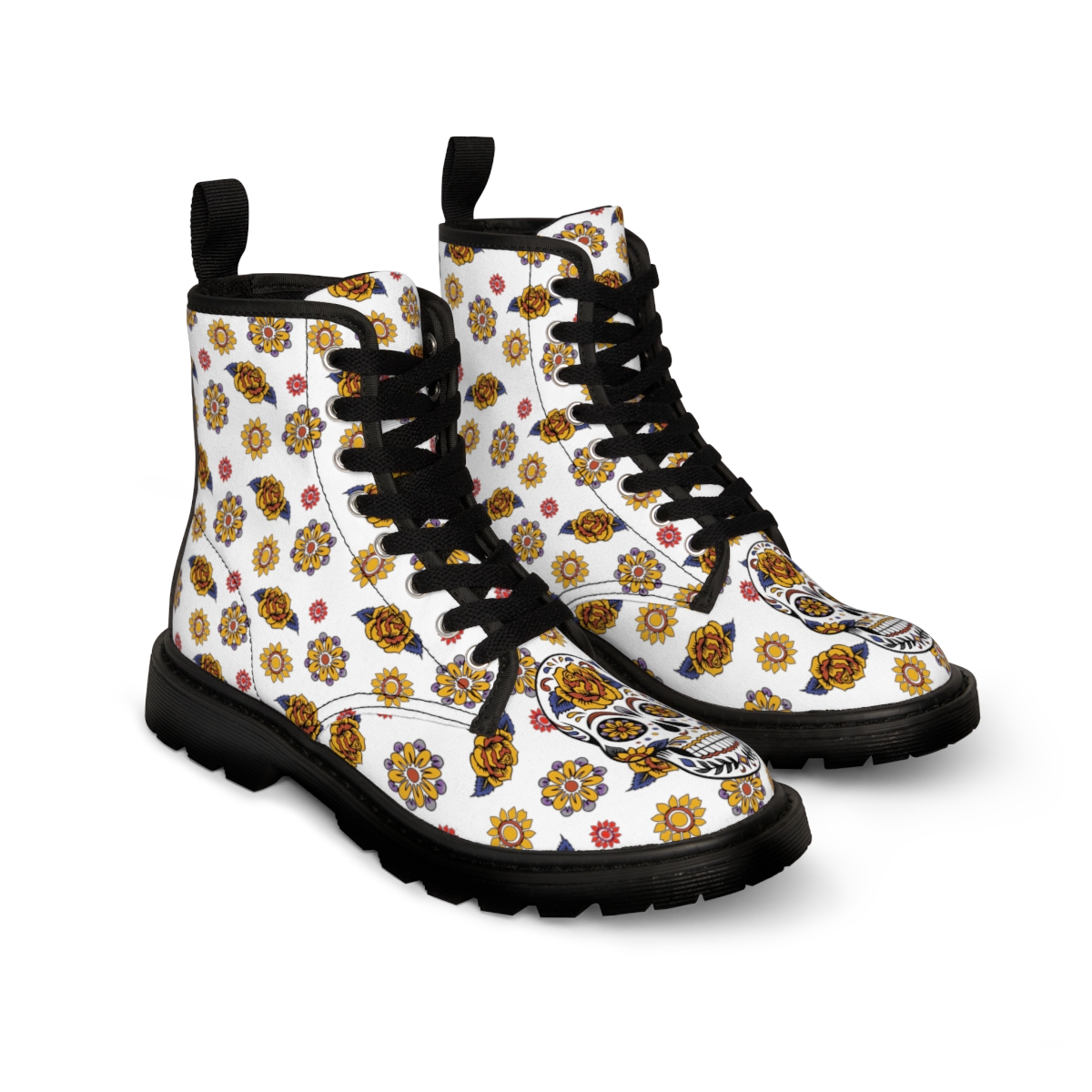 "Sugar Skull & Flowers" Women's Canvas Boots (White) product thumbnail image