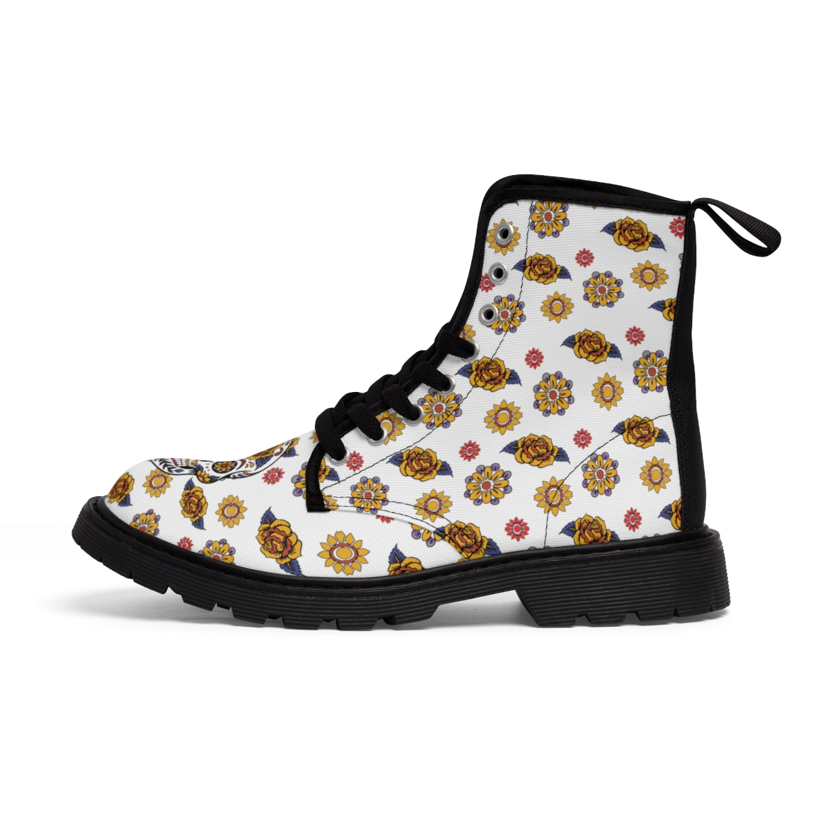 "Sugar Skull & Flowers" Men's Canvas Boots (White) product thumbnail image