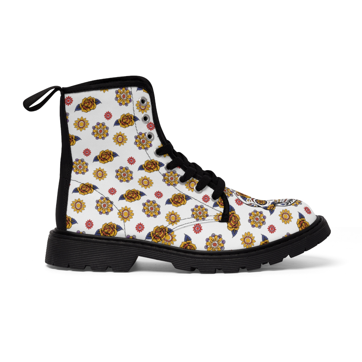 "Sugar Skull & Flowers" Men's Canvas Boots (White) product thumbnail image