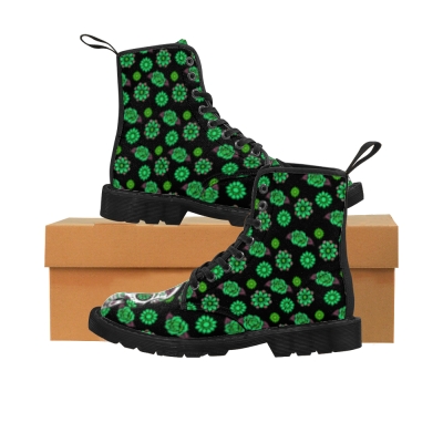 "Sugar Skull & Flowers" Women's Canvas Boots (Black & Green)