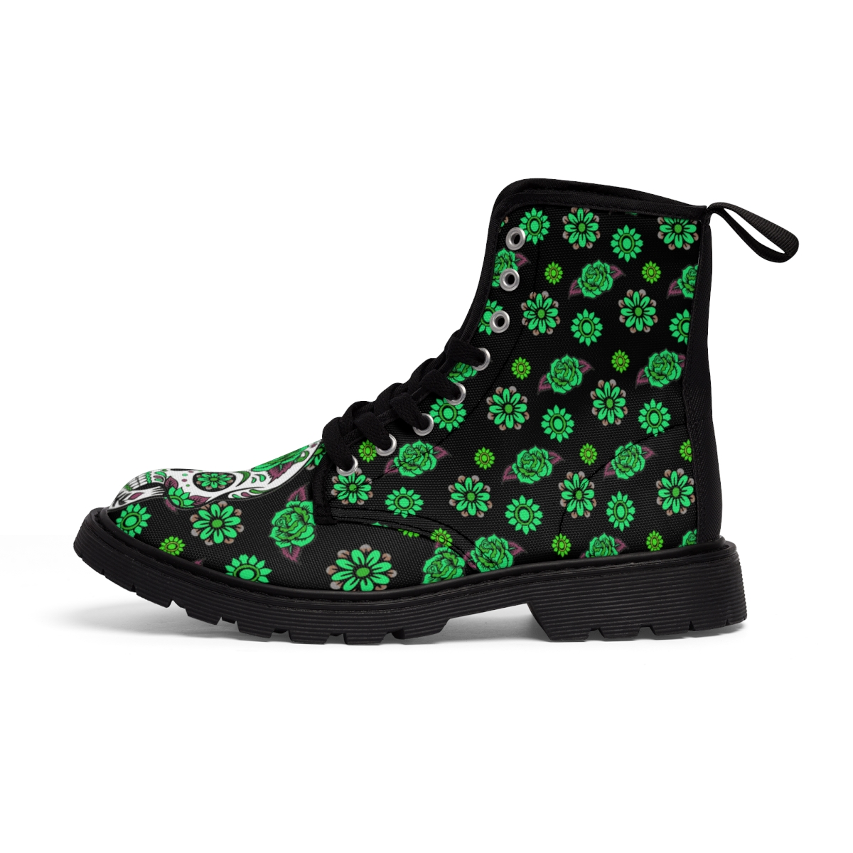 "Sugar Skull & Flowers" Women's Canvas Boots (Black & Green) product thumbnail image