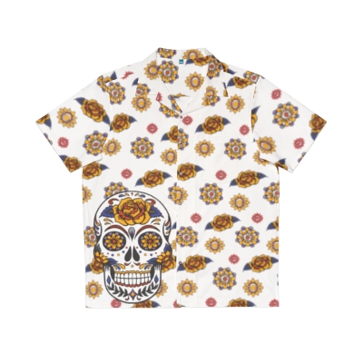 "Sugar Skull & Flowers" Men's Hawaiian Shirt (White)