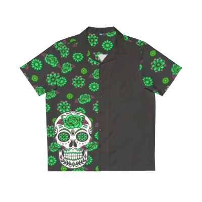 "Sugar Skull & Flowers" Men's Hawaiian Shirt (Black & Green)