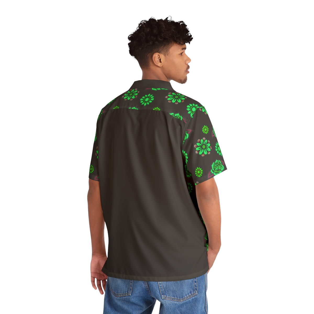 "Sugar Skull & Flowers" Men's Hawaiian Shirt (Black & Green) product thumbnail image