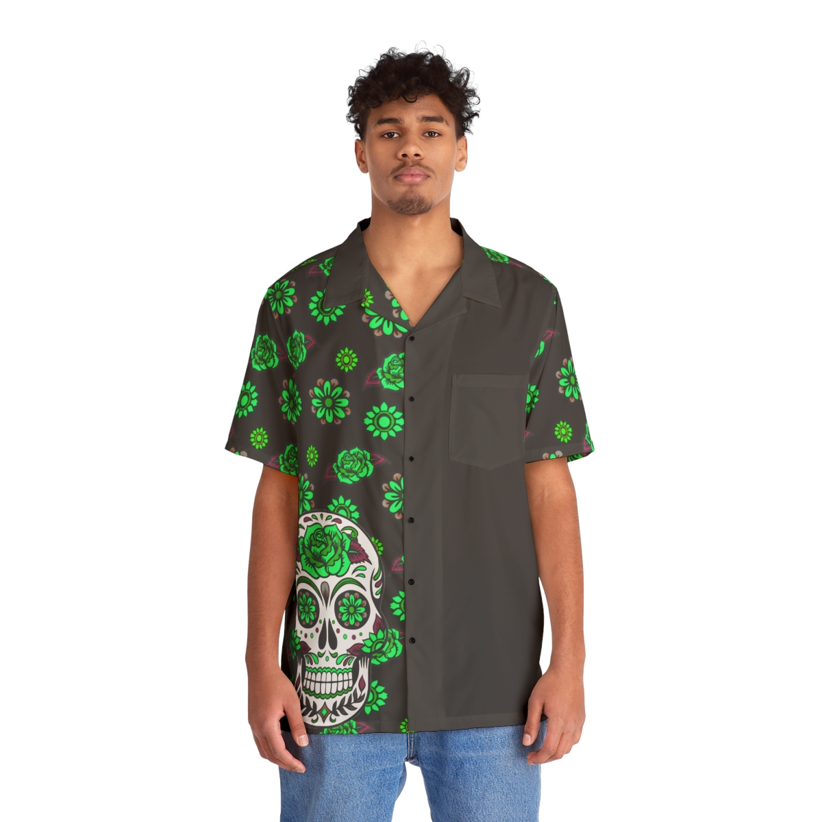 "Sugar Skull & Flowers" Men's Hawaiian Shirt (Black & Green) product thumbnail image
