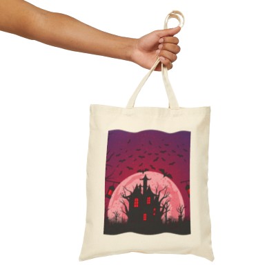 Halloween Tote Bag/Spooky Halloween Print/Double Sided Print Tote/Spooky Haunted House Print Halloween Cotton Canvas Tote Bag