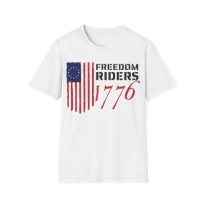 White Unisex Soft-Style T-Shirt with Patriotic FR1776 Logo on Front and Website + Mission Statement on Back for Megan and Sean