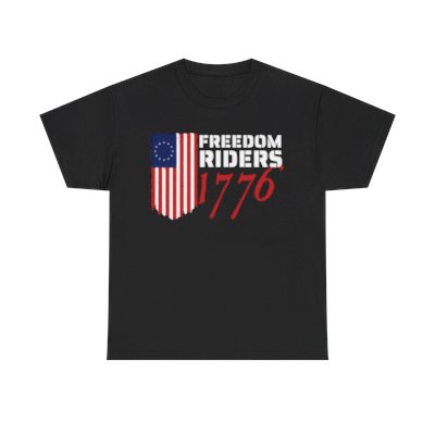 Black Unisex Heavy Cotton Tee with FR1776 Logo on Front and Website + Trump Tweet on Back in White Lettering