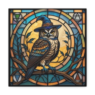Faux Stained Glass Witchy Owl -Square Canvas Gallery Wraps
