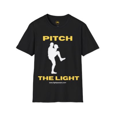 LIght Passers Marketplace Streak Lightning "PITCH THE LIGHT" in yellow lettering Unisex Softstyle T-Shirt in many dark colors