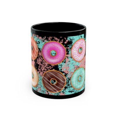 Colorful Donut Splash Pink and Aqua 11oz Black Mug