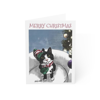 Cat art drawing Greeting Christmas Cards: Christmas Scarf - Blank inside, sweet, cute humor