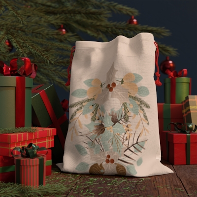Christmas Sack/Christmas Bag/Santa Bag/Santa Sack/Vintage Poinsettia Print Linen Bag