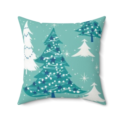 Vintage Retro Mid Century Aqua Christmas Tree Decor Spun Polyester Square Pillow