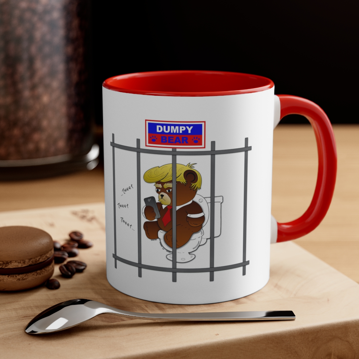 Dumpy Bear Tweeting on Toilet Behind Bars - Accent Coffee Mug, 11oz product thumbnail image