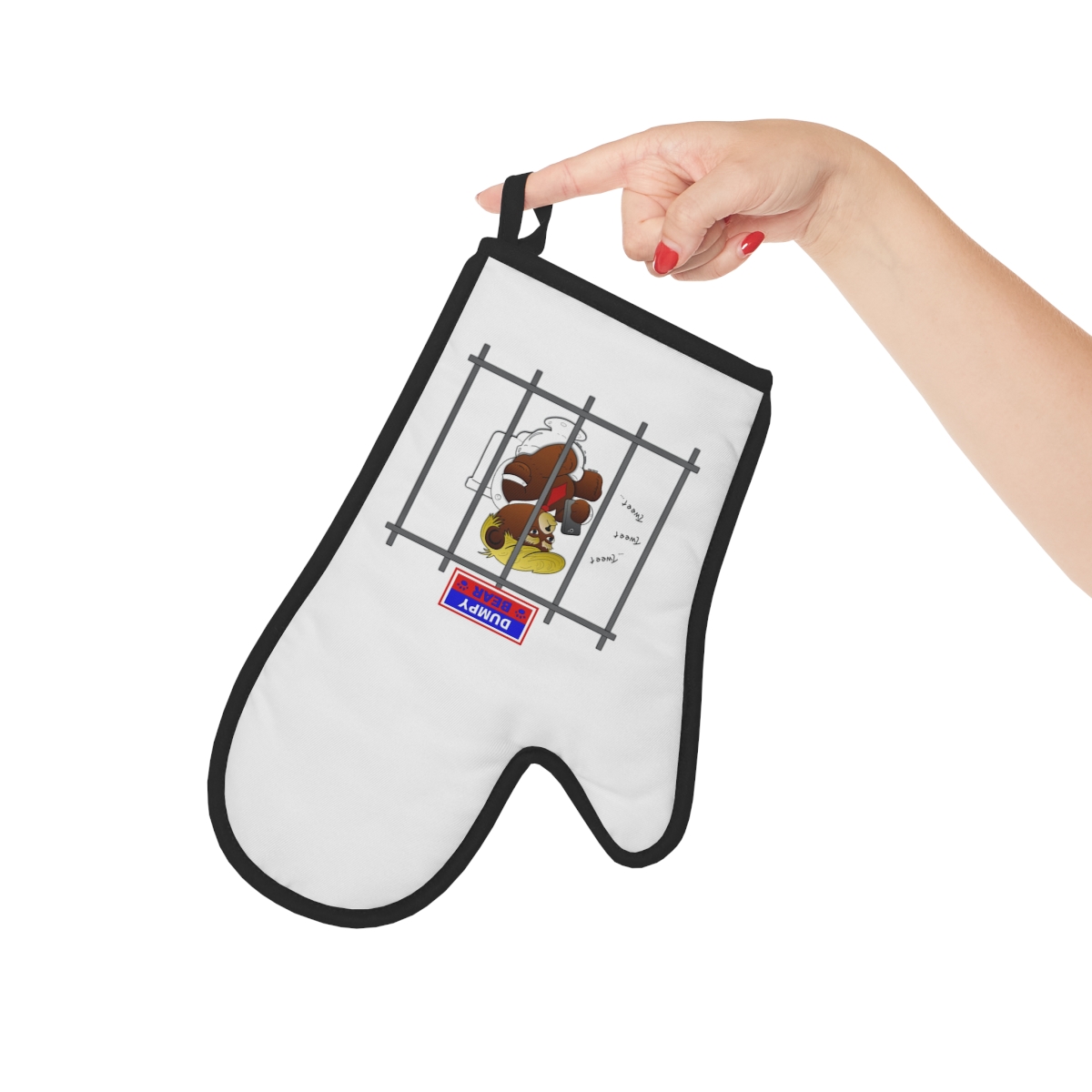Dumpy Bear Tweeting on Toilet Behind Bars - Oven Glove product thumbnail image