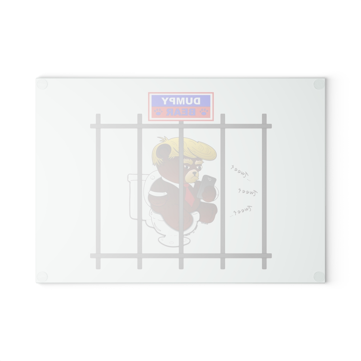 Dumpy Bear Tweeting on Toilet Behind Bars - Glass Cutting Board product thumbnail image