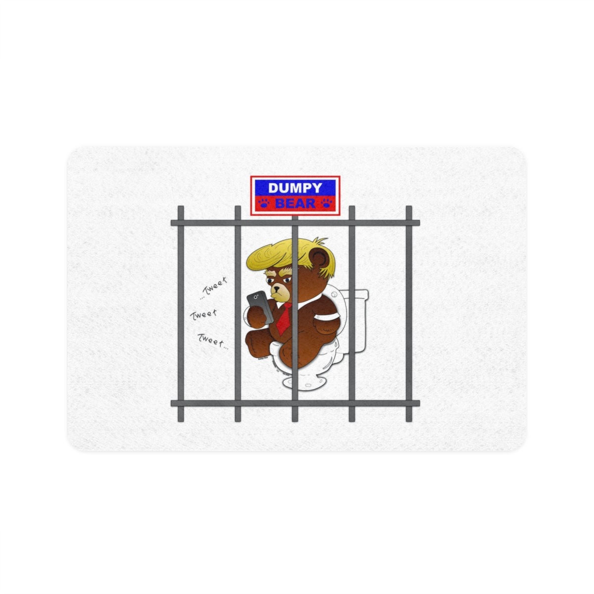 Dumpy Bear Tweeting on Toilet Behind Bars - Pet Food Mat (12x18) product thumbnail image
