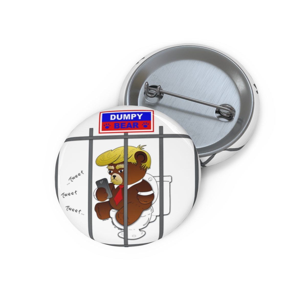 Dumpy Bear Tweeting on Toilet Behind Bars - Custom Pin Buttons product thumbnail image