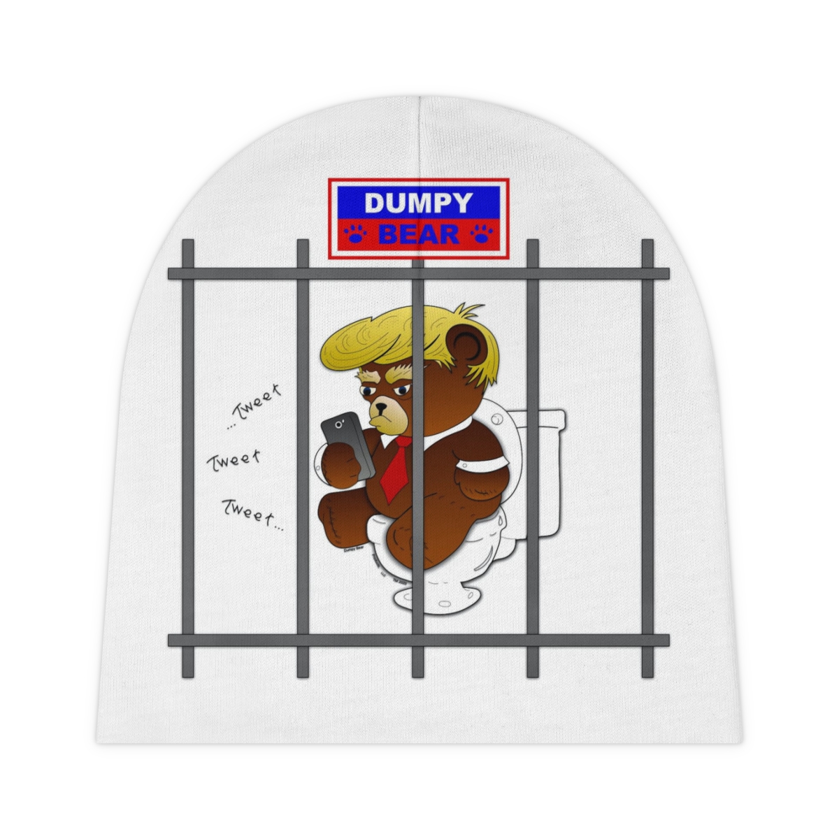 Dumpy Bear Tweeting on Toilet Behind Bars - Baby Beanie (AOP) product thumbnail image