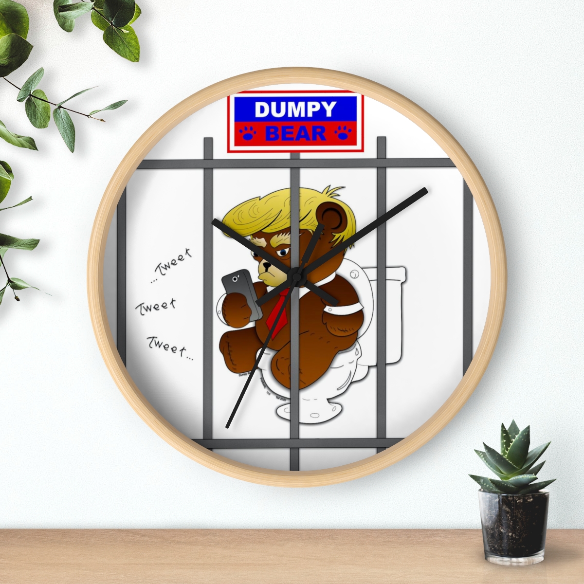 Dumpy Bear Tweeting on Toilet Behind Bars - Wall Clock product thumbnail image