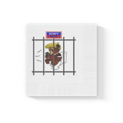 Dumpy Bear Tweeting on Toilet Behind Bars - White Coined Napkins