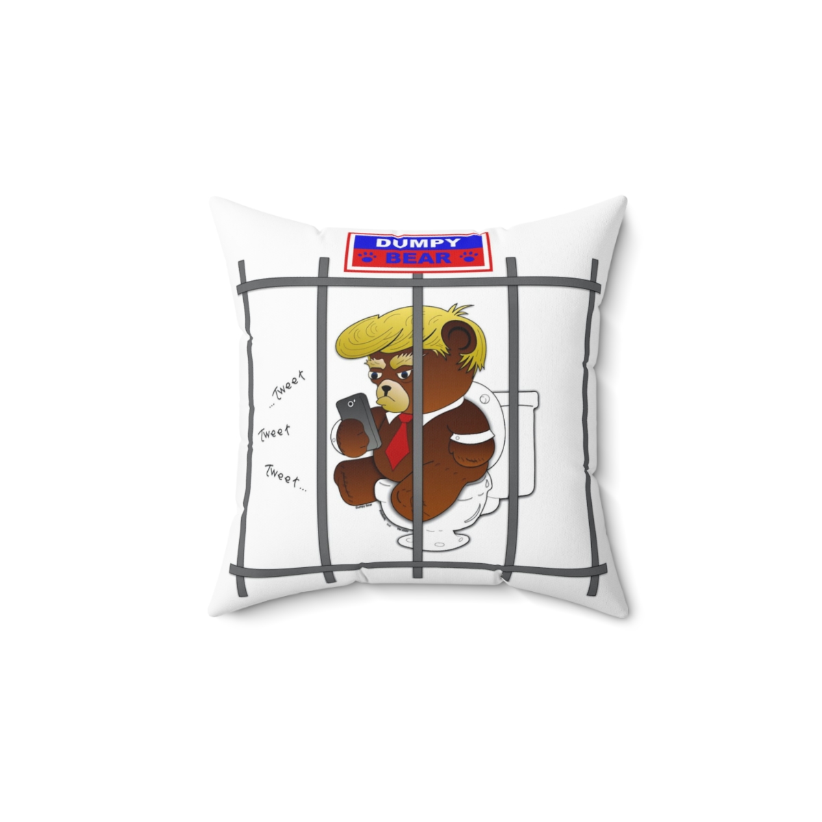 Dumpy Bear Tweeting on Toilet Behind Bars - Spun Polyester Square Pillow product thumbnail image