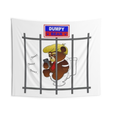 Dumpy Bear Tweeting on Toilet Behind Bars - Indoor Wall Tapestries